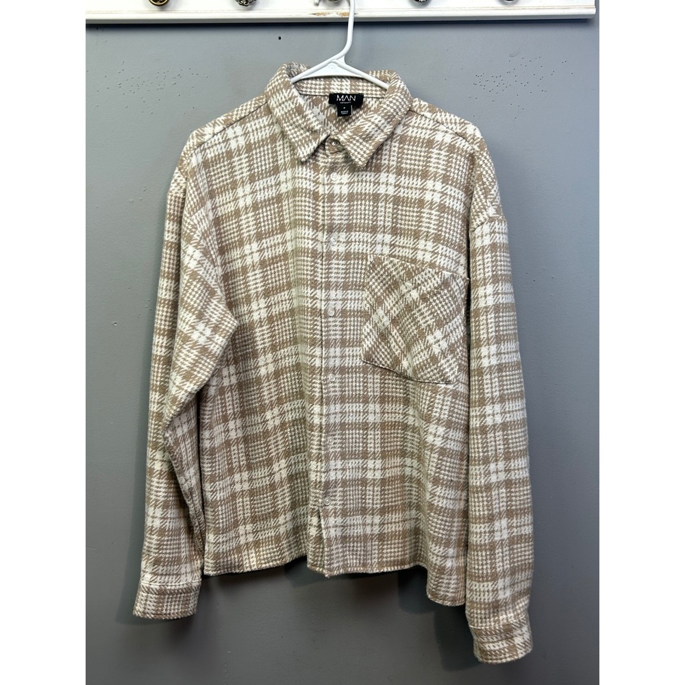 BoohooMAN Overshirt‎ Men Medium Tan Houndstooth Plaid Button Shacket Long Sleeve